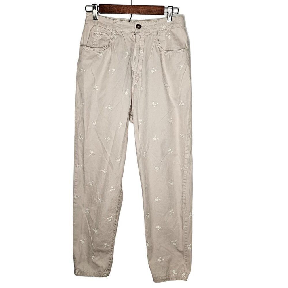 Talbots Ankle Pants Women's Size‎ 10 Beige Tan Embroidered Flowers Cotton